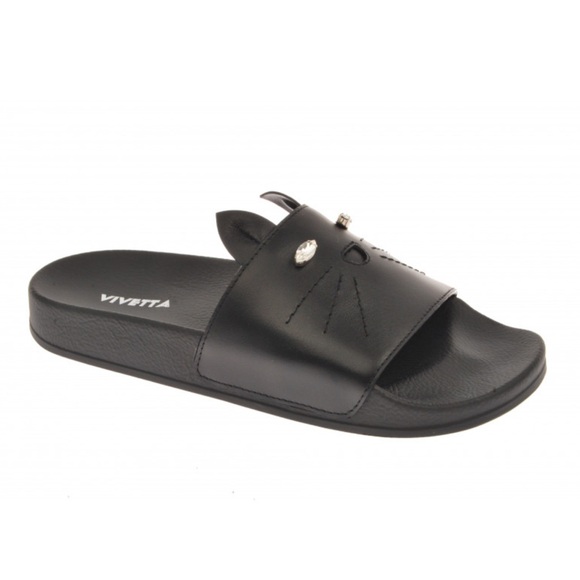 Vivetta Cat Slider Rhinestone Kitty Ears Slide 37 Black - Picture 1 of 8